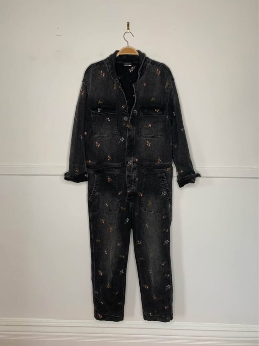 free people x driftwood floral denim coveralls